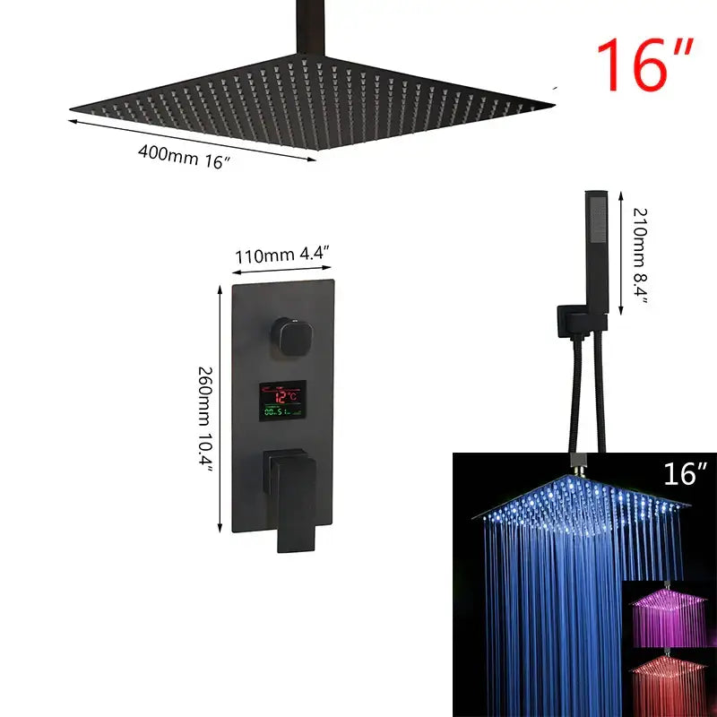 Modern matte black digital shower faucet featuring a 16-inch square black digital shower rain head with led lighting and control panel
