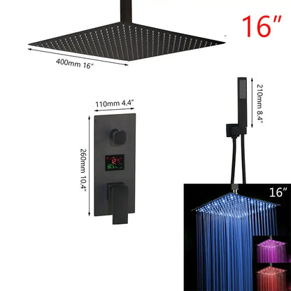 Modern matte black digital shower faucet featuring a 16-inch square black digital shower rain head with led lighting and control panel