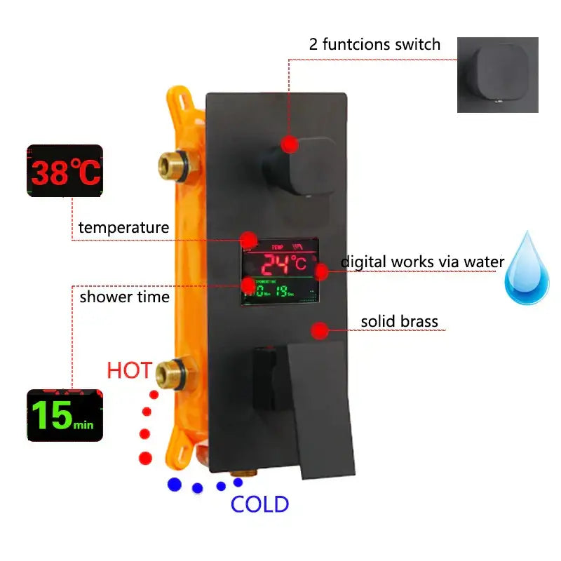 Modern matte black digital shower faucet with rainfall system and brass build featuring temperature and time display