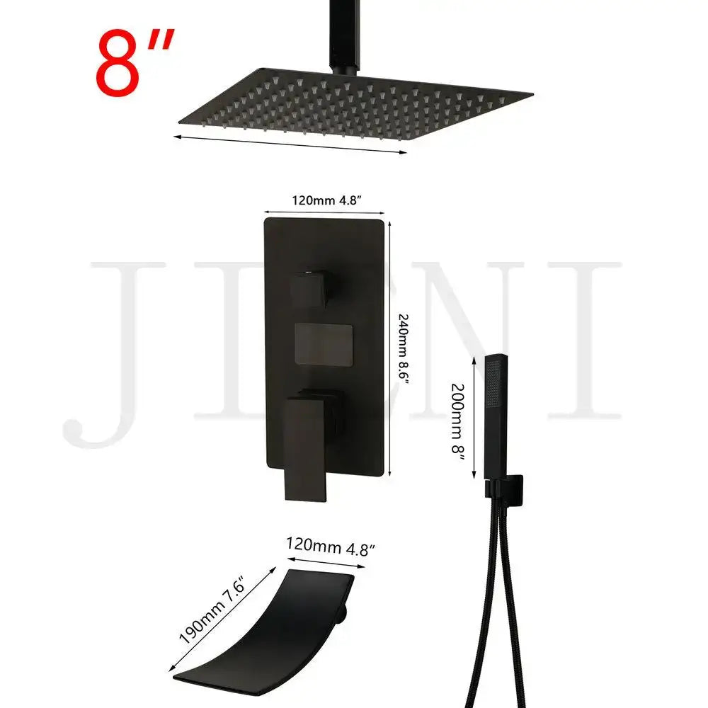 Modern matte black digital shower faucet with black matte square rain shower head and matching wall-mounted control valve