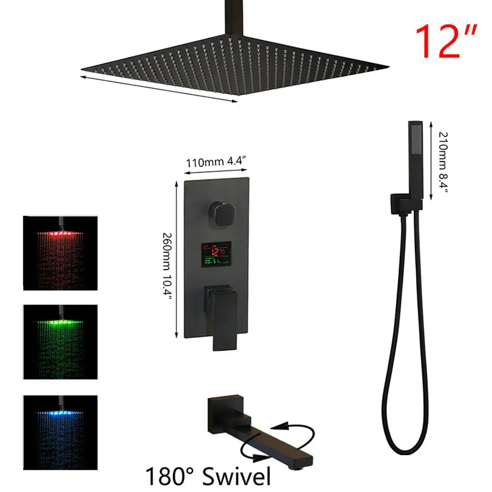 Modern matte black digital shower faucet with 12-inch black matte rainfall showerhead and integrated red green blue led lighting