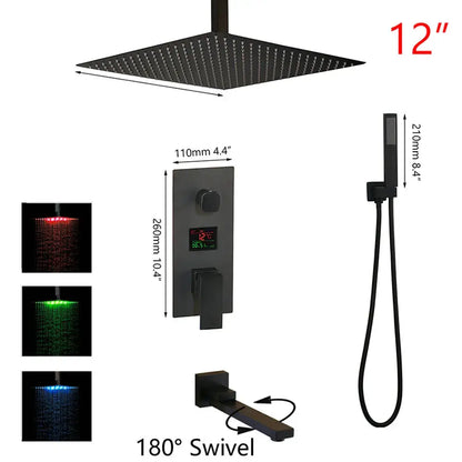 Modern matte black digital shower faucet with 12-inch black matte rainfall showerhead and integrated red green blue led lighting