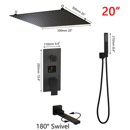Modern matte black digital shower faucet with 20-inch rainhead and digital temperature display by decorbites black digital
