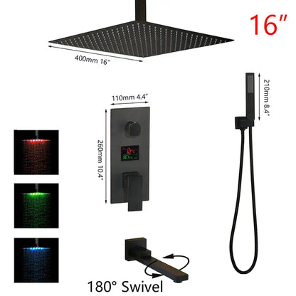 Modern matte black digital shower faucet with 16-inch black digital shower rain head and led color-changing spray patterns