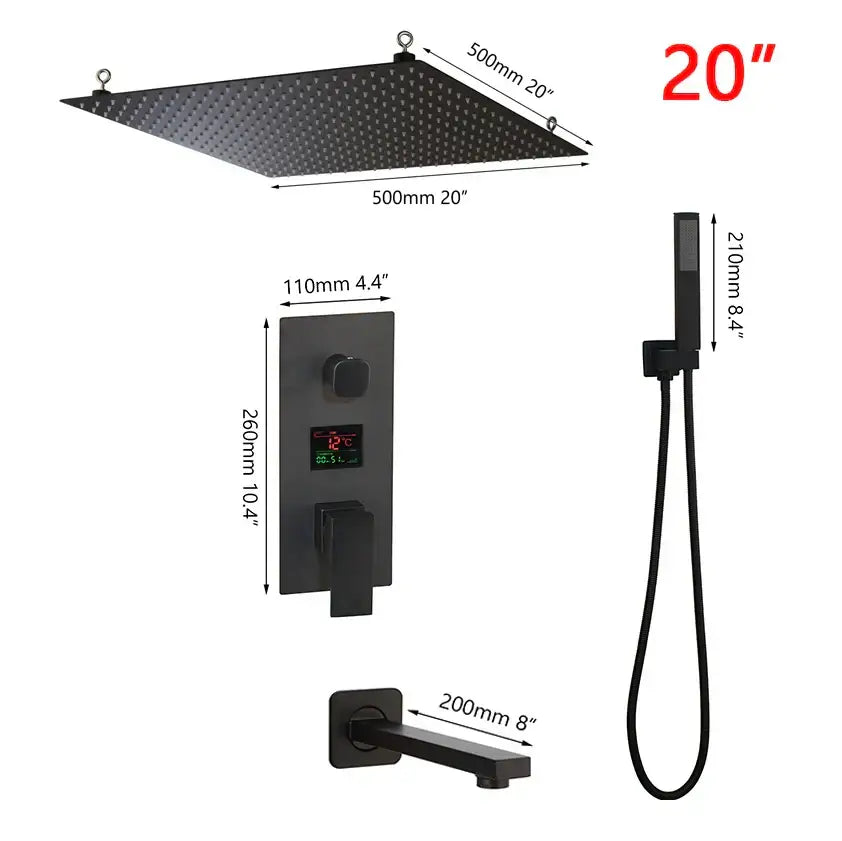 Modern matte black digital shower faucet with 20 inch black matte square rain shower head by decorbites black digital shower