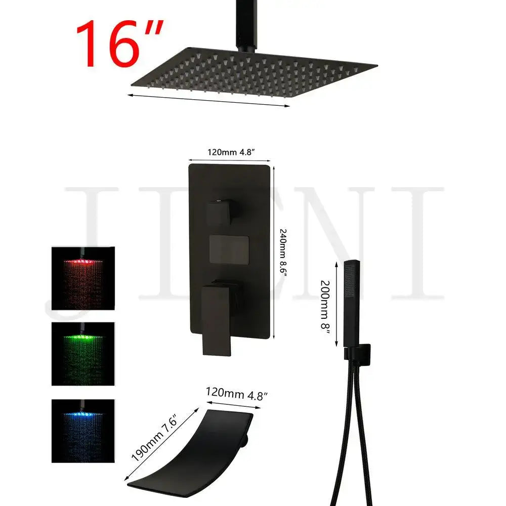 Modern matte black digital shower faucet with a 16-inch black matte rainfall showerhead and led lighting by decorbites black digital shower