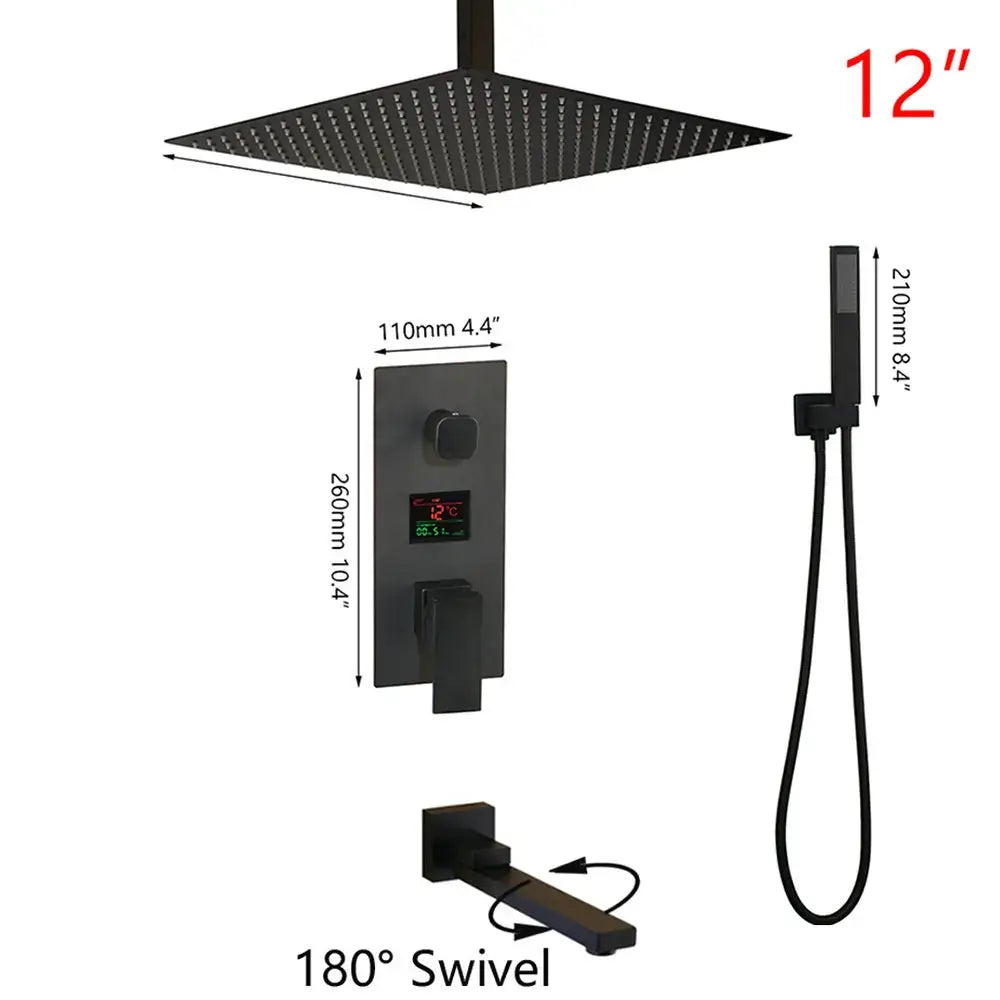 Modern matte black digital shower faucet rainfall system with 12-inch black matte showerhead and handheld control panel decorbites black digital