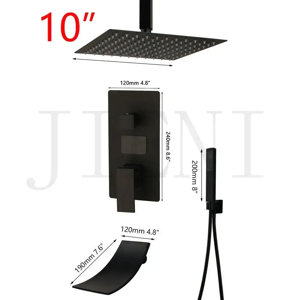 Modern matte black digital shower faucet featuring a black matte 10-inch square rain shower head with control panel and handheld spray nozzle decorbites black digital shower system