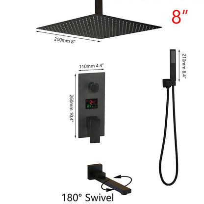 Modern matte black digital shower faucet with 8-inch black matte rainfall showerhead and handheld decorbites black digital system