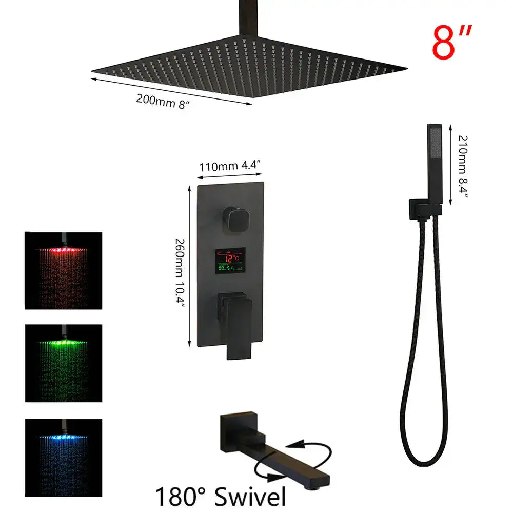 Modern matte black digital shower faucet featuring an 8-inch black digital shower rainfall head with led color-changing spray settings