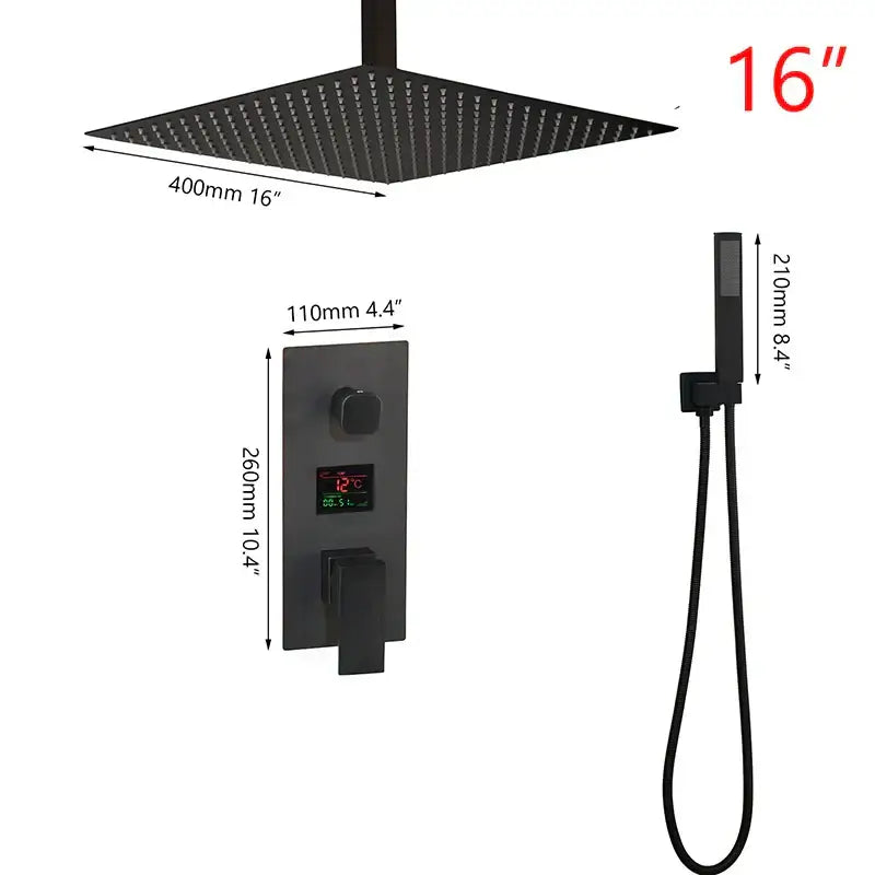 Modern matte black digital shower faucet with black matte 16-inch square rain shower head and handheld attachment decorbites black digital