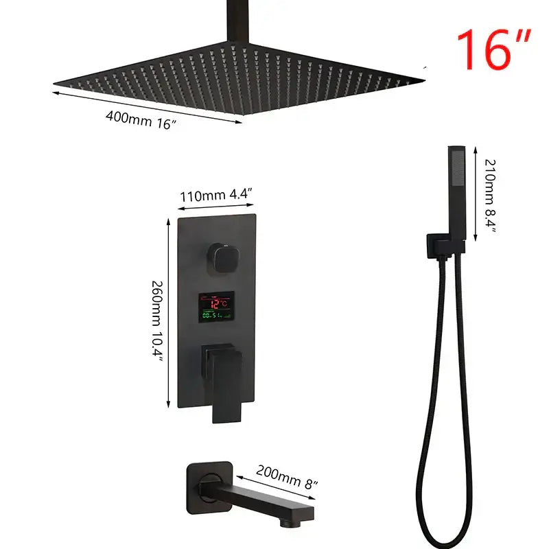 Modern matte black digital shower faucet with 16 inch rainfall showerhead and decorbites black digital temperature display