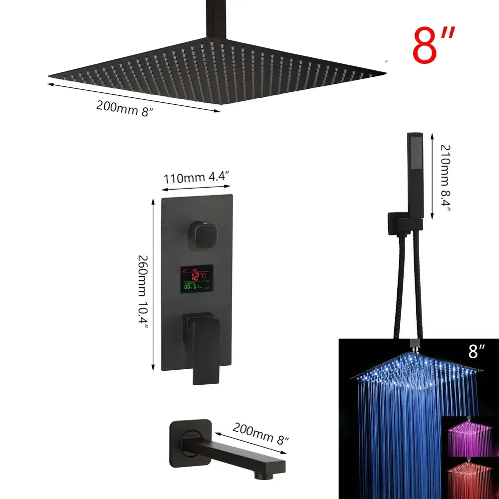 Modern matte black digital shower faucet with black matte finish 8-inch square rain shower head and integrated led lighting