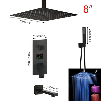 Modern matte black digital shower faucet with black matte finish 8-inch square rain shower head and integrated led lighting