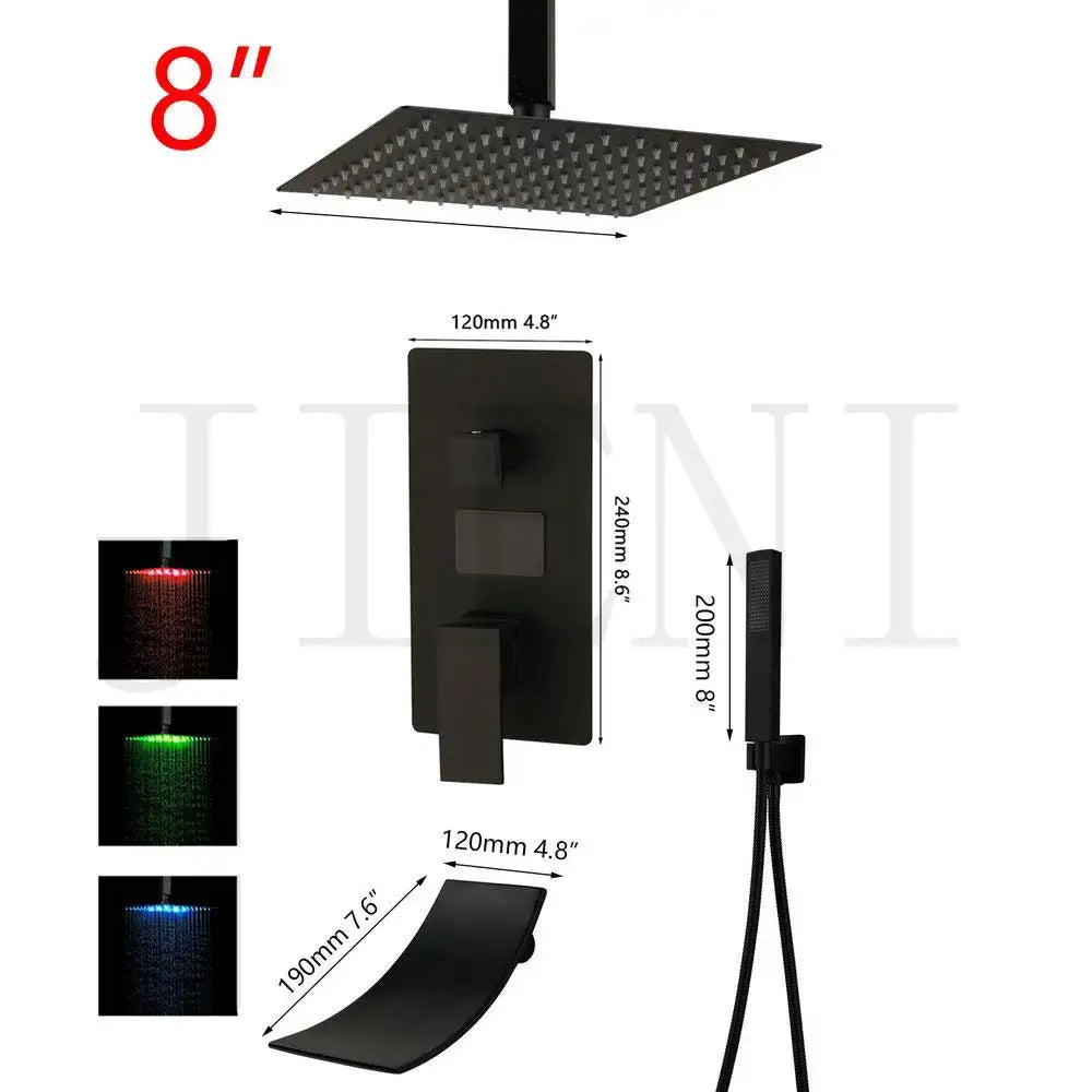 Modern matte black decorbites black digital shower faucet with 8-inch square rain shower head and led lighting modes