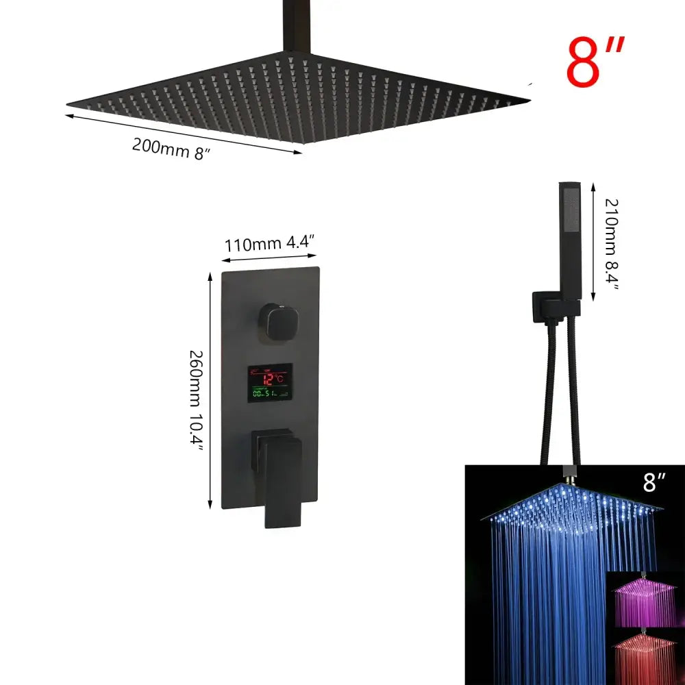 Modern matte black digital shower faucet with 8 inch black matte rainfall shower head and led temperature control valve