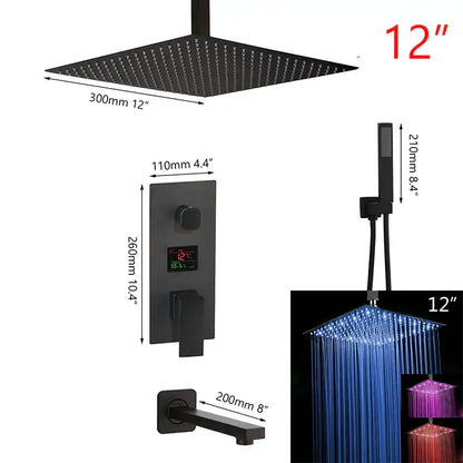 Modern matte black digital shower faucet with 12-inch square black matte rain shower head and integrated led lighting