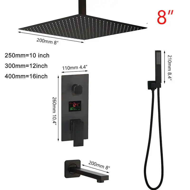 Modern matte black digital shower faucet with black matte square showerhead temperature display and handheld shower decorbites black digital