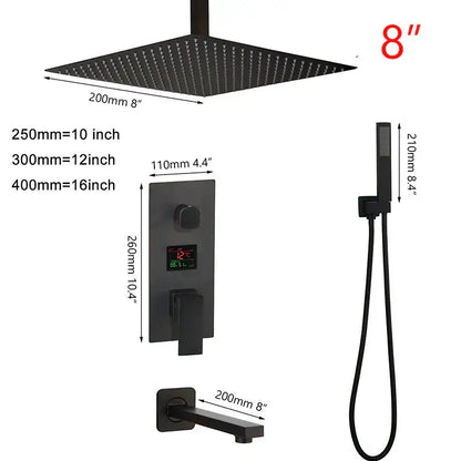 Modern matte black digital shower faucet with black matte square showerhead temperature display and handheld shower decorbites black digital
