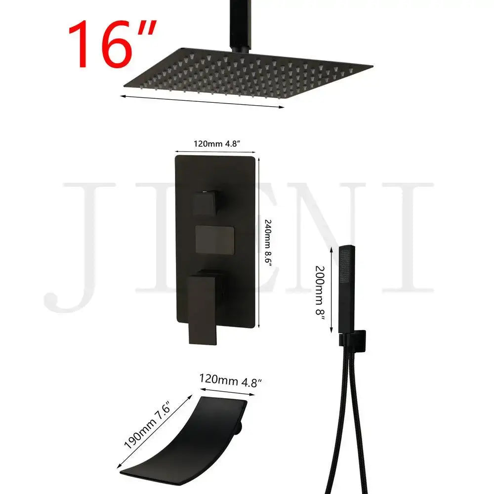 Modern matte black digital shower faucet set featuring a 16-inch square rain shower head and matching control valve decorbites black digital