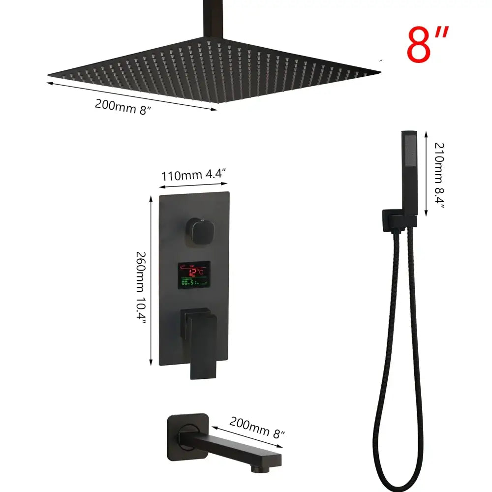 Modern matte black digital shower faucet rainfall system with black matte 8 inch square rain shower head and handheld shower