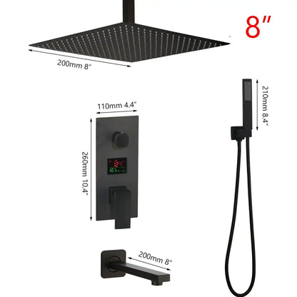 Modern matte black digital shower faucet rainfall system with black matte 8 inch square rain shower head and handheld shower