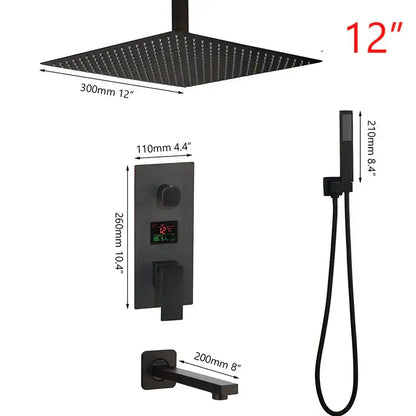 Modern matte black digital shower faucet with 12-inch rain shower head and handheld in black matte finish decorbites black digital