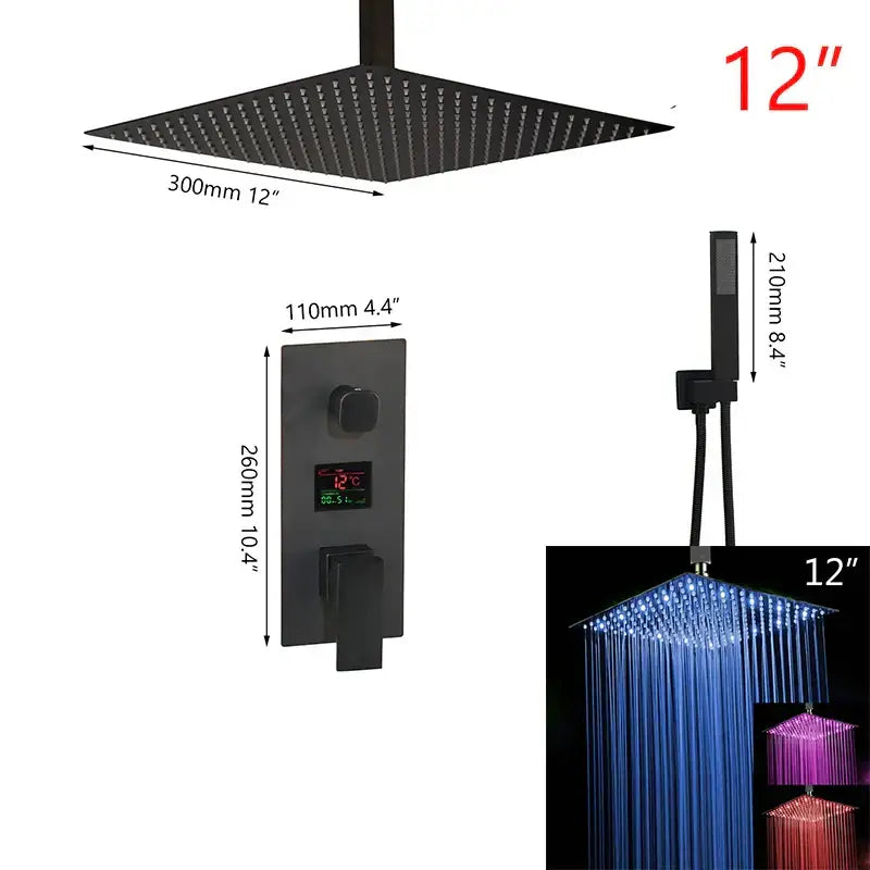 Modern matte black digital shower faucet with 12-inch black matte rainfall shower head and led lighting decorbites black digital system
