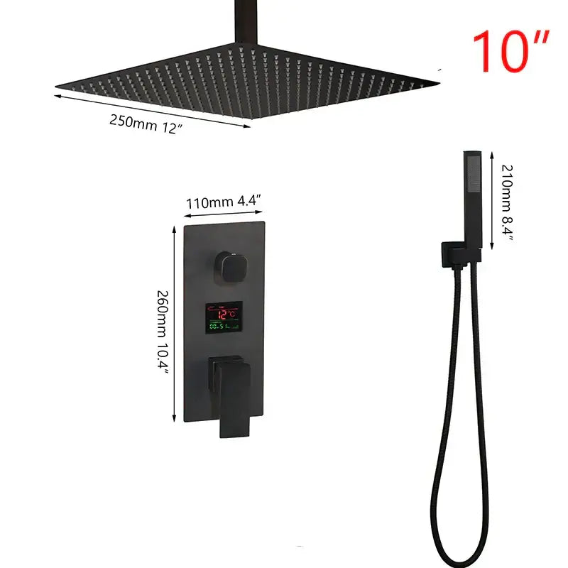 Modern matte black shower faucet with black digital shower rainfall system and handheld attachment by decorbites