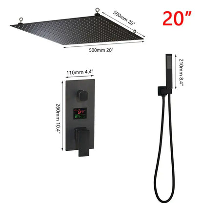 Modern matte black digital shower faucet with black matte-finished square head and handheld for rainfall system by decorbites