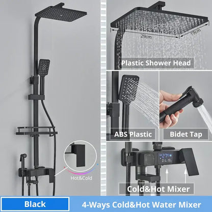 Modern matte black shower faucet set with digital mixer square rainhead and handheld spray for bathroom use