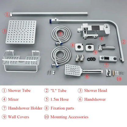 Chrome finished modern shower faucet set with sleek l-shaped tub spout square rain shower head and handshower