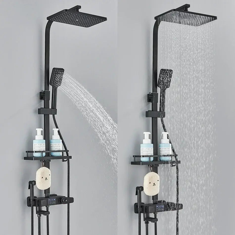 Modern matte black digital shower faucet set with rainfall shower head handheld spray and integrated shelf faucet set