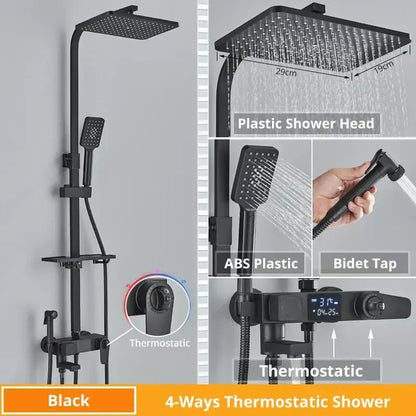 Modern matte black digital shower faucet set with black matte finish 4-way thermostatic shower faucet set including rainhead handheld spray and bidet tap