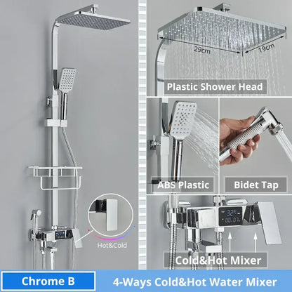 Modern matte black digital shower faucet set with chrome square rainhead handheld spray and digital mixer controls