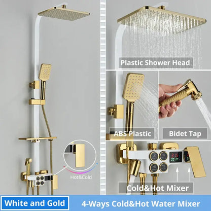 Modern gold and white shower faucet set with square rainhead handheld sprayer bidet tap and digital mixer
