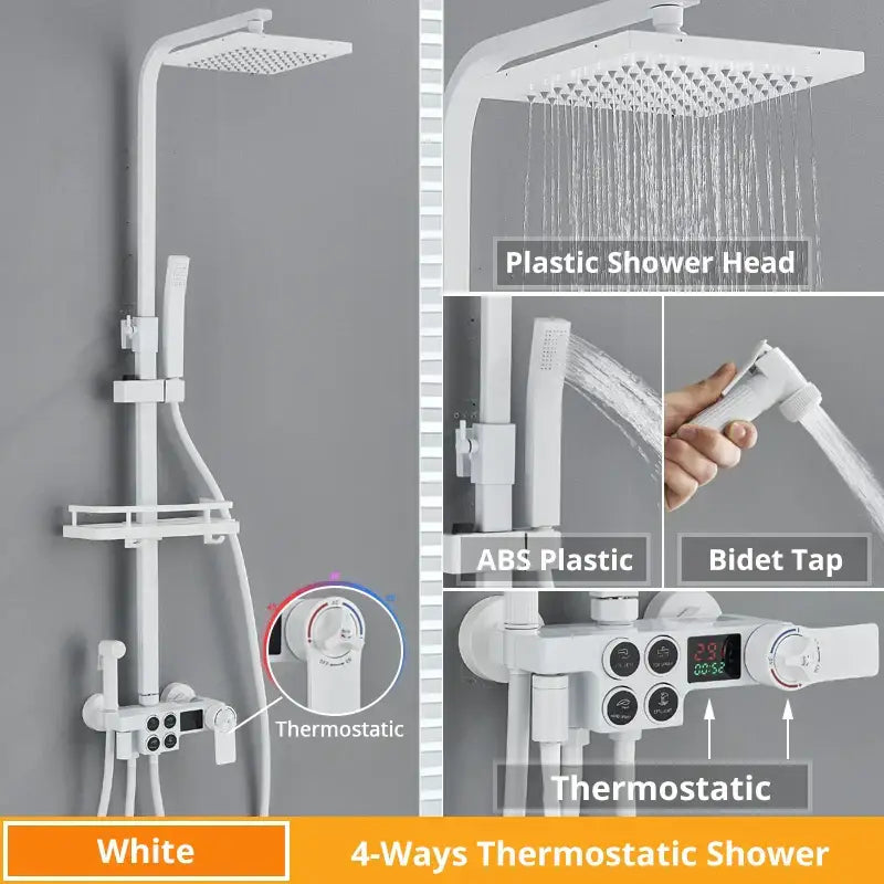 White 4-ways thermostatic shower faucet set with abs plastic components and digital display for modern bathrooms