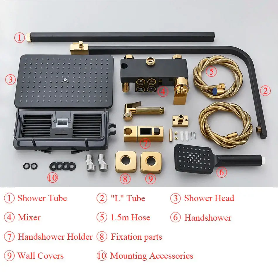 Modern matte black and gold shower faucet set with minimalist design for bathroom rain shower system
