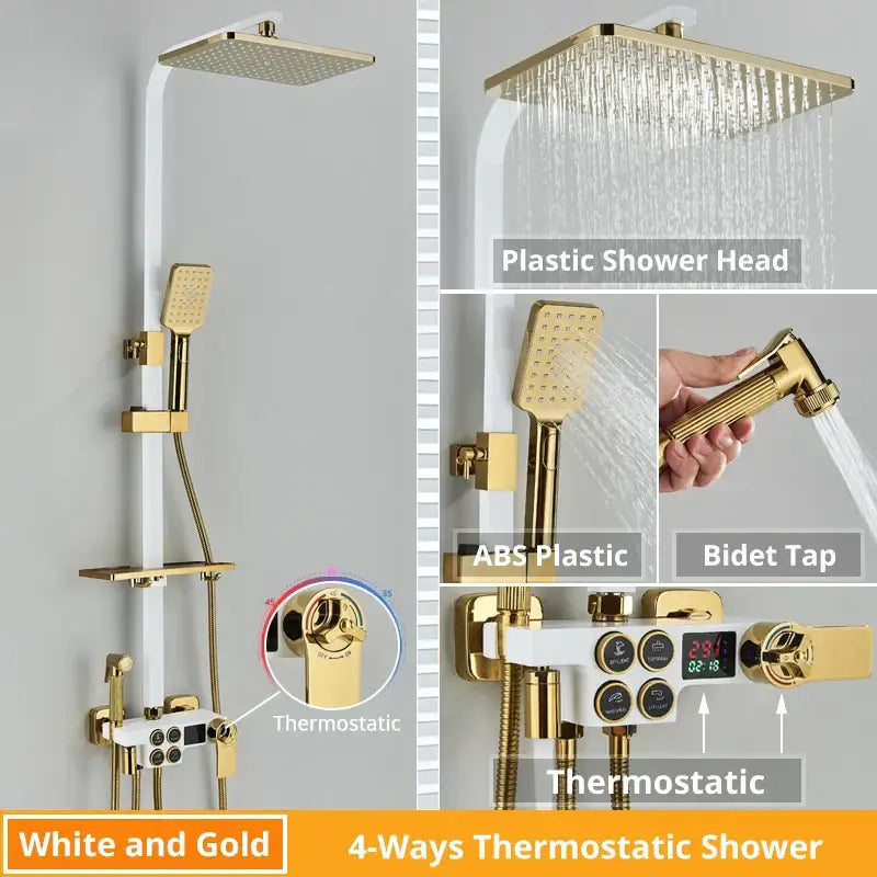 White and gold 4-way thermostatic shower faucet set with square rainhead bidet tap handheld spray and digital display