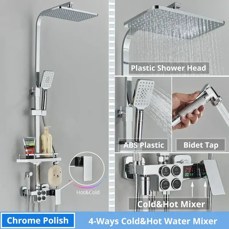 Modern matte black shower faucet set with chrome-polished square rain shower head and multiple spray settings