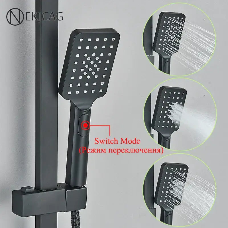 Modern matte black shower faucet set featuring a black matte-finish square showerhead with multiple spray settings