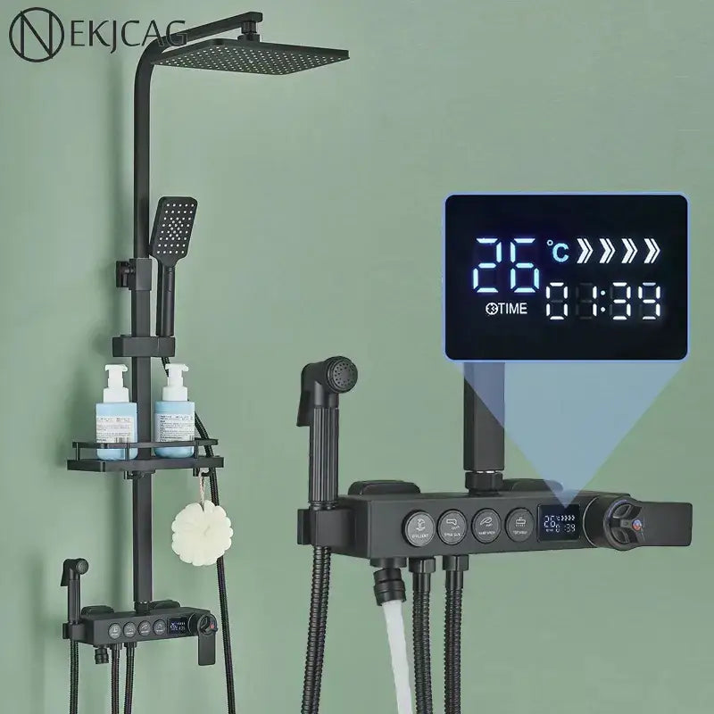 Modern matte black digital shower faucet set with rainfall system and multiple spray heads for bathroom use