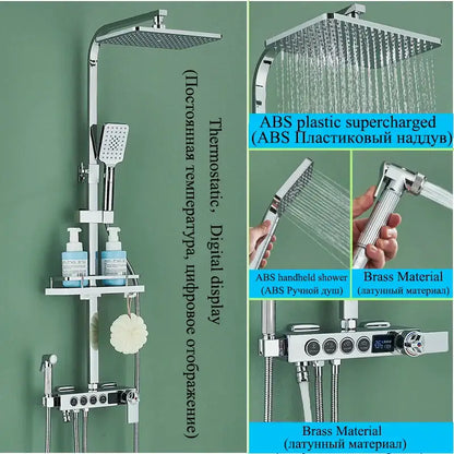Chrome finished shower faucet set with square rainhead handheld spray and digital temperature control panel