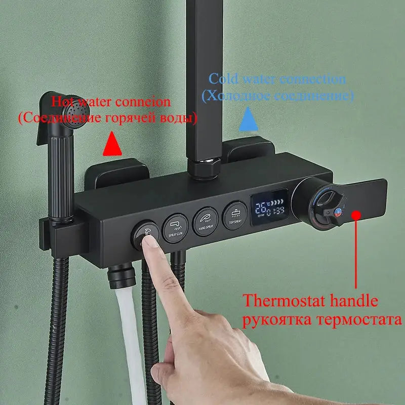 Modern matte black shower faucet set with digital display and multiple spray settings for a rainfall bathroom system