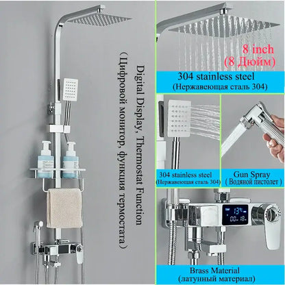 Modern chrome-finished shower faucet set with digital display and gun spray nozzle for bathroom use
