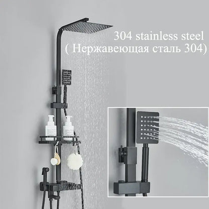 Modern matte black digital shower faucet set with black matte 304 stainless steel rain shower head and built-in shelf