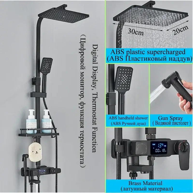 Modern matte black abs plastic and brass shower faucet set with square rainhead handheld gun spray and digital display