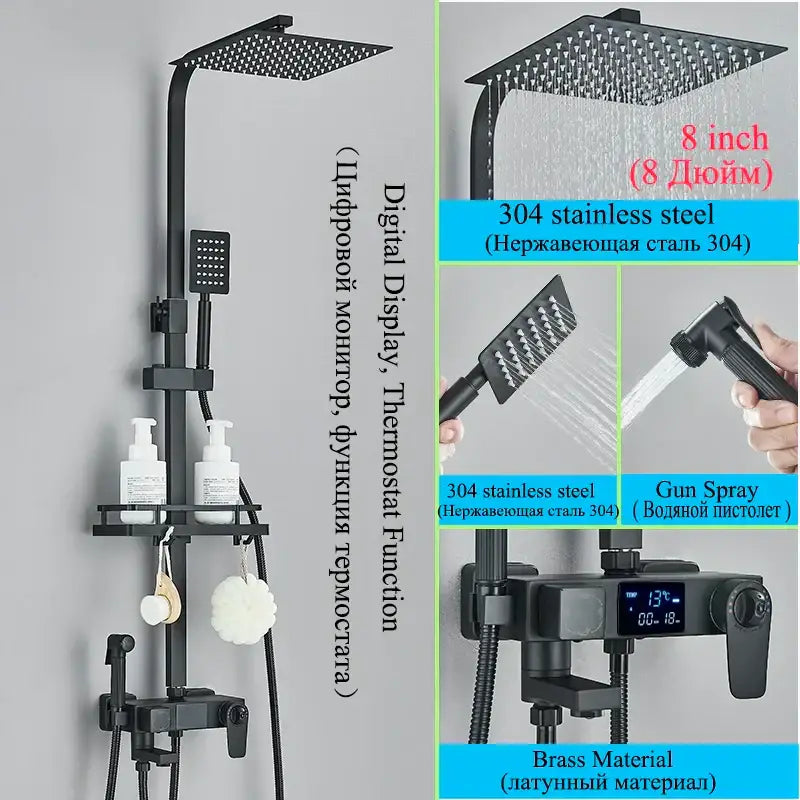 Modern matte black digital shower faucet set with bidet in black matte 304 stainless steel featuring gun spray