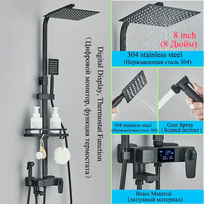 Modern matte black digital shower faucet set with bidet in black matte 304 stainless steel featuring gun spray
