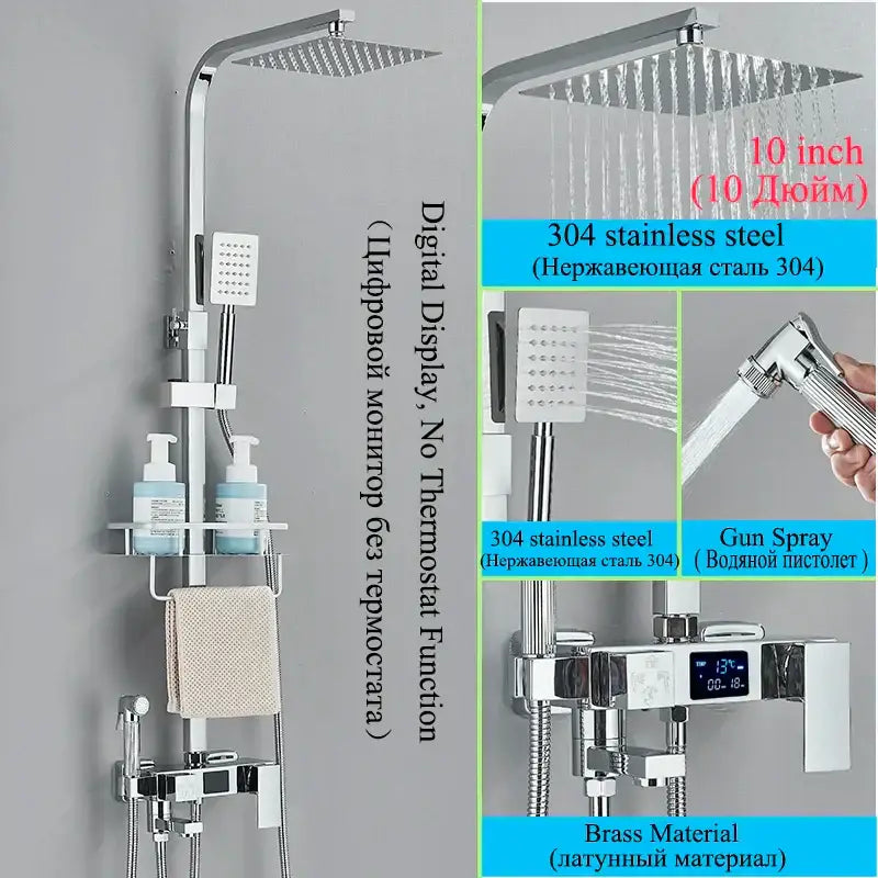 Chrome-finished 304 stainless steel rain shower head with digital display and gun spray in modern shower faucet set